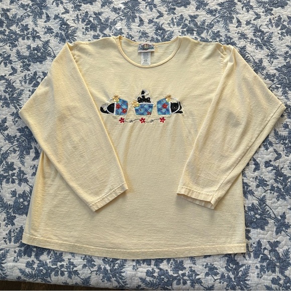 Day Breeze Shirt Vintage Butter Yellow Cat Design Embroidery Cotton Size L - Picture 3 of 9